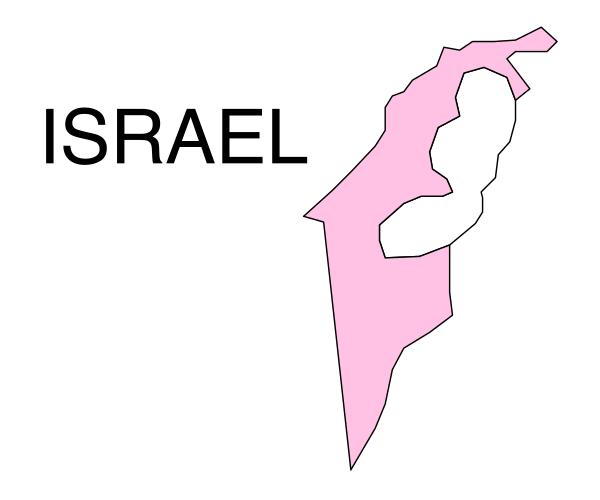 The image shows a pink outline of Israel on top of an Israeli flag with text that reads "ISRAEL" above it in black font.