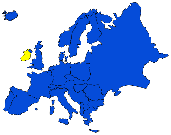 The map shows Europe with a focus on Ireland highlighted by yellow dot; it's overlaid onto an analog clock background that reads "12:05" in white text at top center of image, indicating time as 6 o'clock pm or midnight depending on whether the day is am or pm. There are no people, animals, actions depicted herein. The setting appears to be a digital display with map and analog clock elements combined for informational purposes.