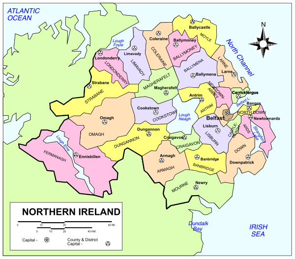 The map shows a stylized representation of Northern Ireland with various towns labeled on it.