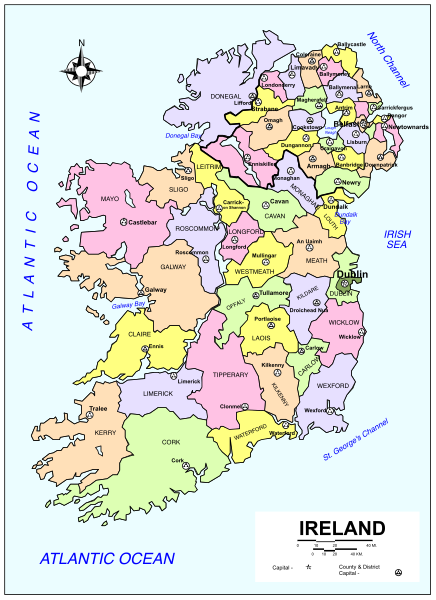 The map shows Ireland with various regions labeled such as Atlantic Ocean, Dublin, Cork, Galway, Limerick, Waterford, Wexford, Kildare, Meath, Monaghan, and others; it is a colorful political or administrative division map of the country.
