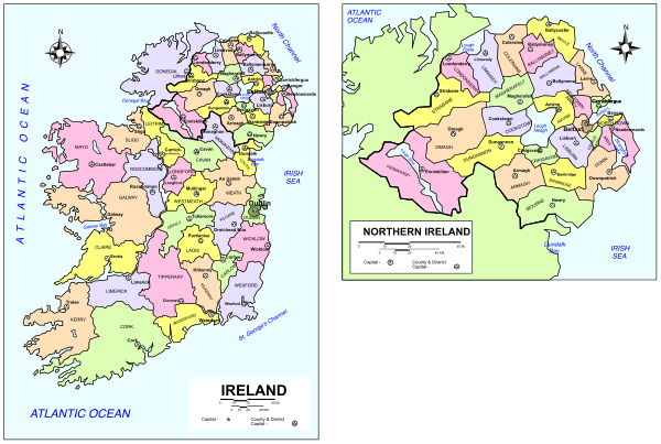 The image shows a map of Ireland with three different views: an overall view showing all provinces labeled "Ireland," another zoomed-in section focusing on Northern Ireland specifically marked as such, and finally one that highlights Atlantic Ocean to its west.