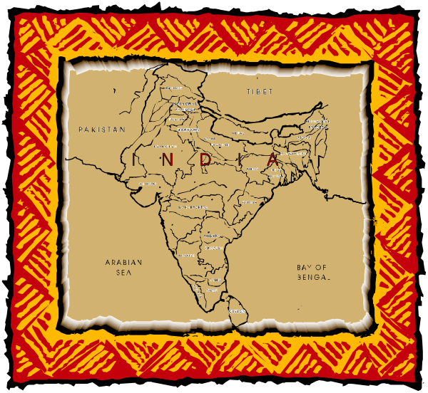 The image shows a map of India with various states labeled on it within an intricate border design that resembles traditional Indian textiles.