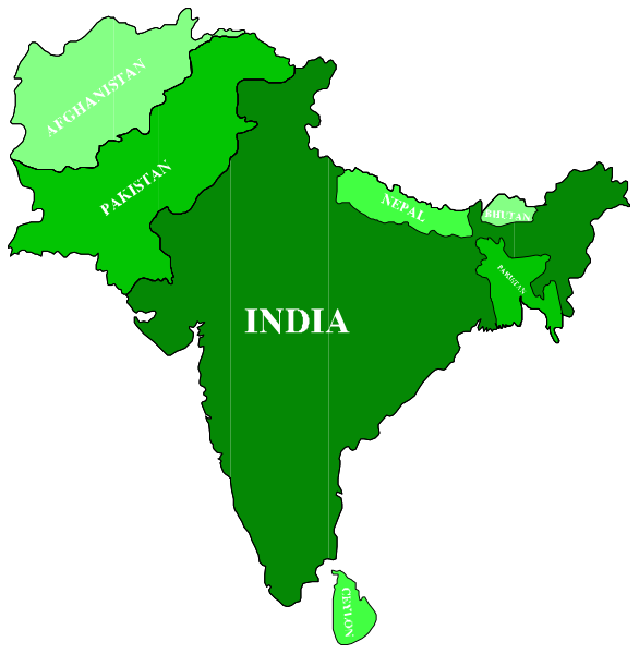 The map shows two different colored regions: India with a green background labeled "INDIA" on top left corner of image; Afghanistan in light blue color next to it at bottom right corner of image.
