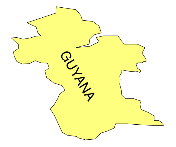 The image shows a stylized map of Guyana with its capital city labeled as Georgetown on it.