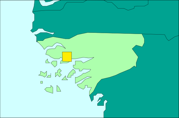 The map shows a country with various regions labeled; there's an island highlighted by yellow coloring on it.