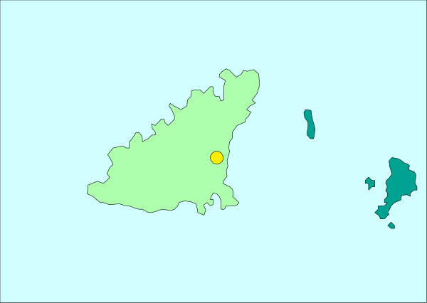 The map shows an island with a yellow dot on it labeled "Yellow Dot," indicating its location within a larger region that includes other islands marked by green dots; there is no text present in this image, and all elements appear to be static without any actions taking place or people visible.