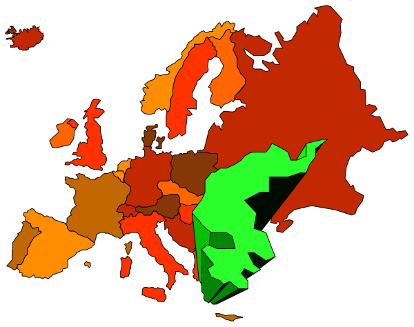 The map shows Europe with various countries highlighted by different colored regions; each region is labeled as a percentage of GDP growth in 2019 compared to its pre-pandemic level (red for less than -5%, orange for between -3 and +4, yellow for between +6 and +8). The map also shows the United Kingdom with an asterisk indicating it's not part of Europe. There is a legend on the right side that explains these color codes; however, there are no specific actions or objects in this image beyond what I described above.