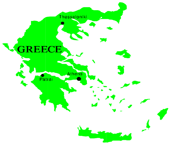 The map shows Greece with various regions labeled such as Athens, Patras, Corinthia, etc., highlighted by a green overlay that resembles watercolor paint splatters on top of it.
