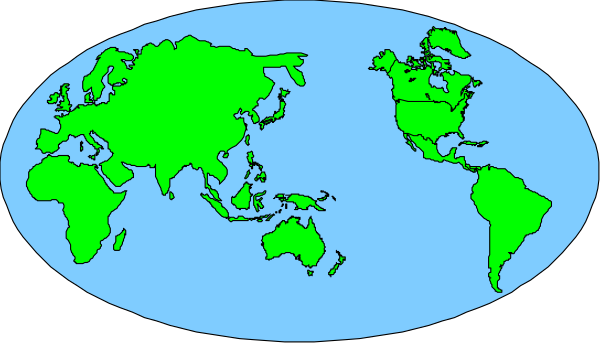 The image shows a stylized world map with two continents highlighted: Europe is green while Asia is blue; there's no text present in this clip-art illustration.