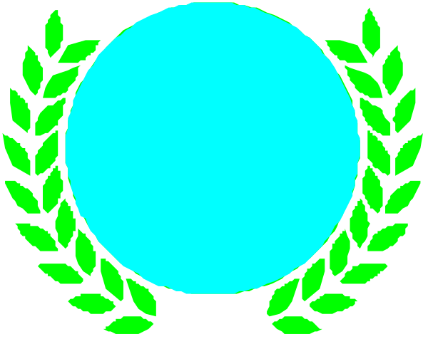 The image shows a stylized graphic of an emblem with two laurel leaves on either side forming a circle around what appears to be a blue sphere in the center.