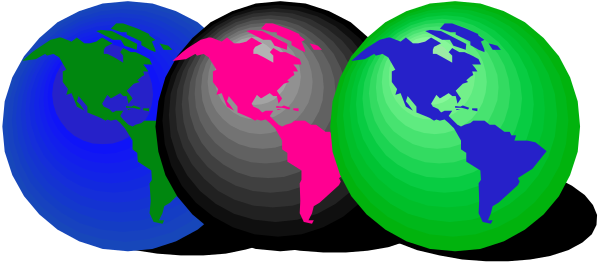 The image shows a series of four globes representing different planets with various continents highlighted on each globe against a black background.