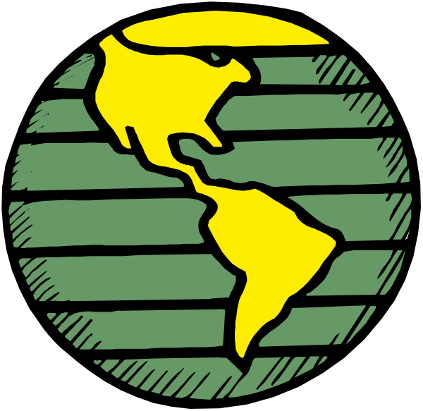 The image shows a stylized globe with two continents visible: North America on top right corner of the world map is colored in yellow while South America occupies most of the lower half of the circle.
