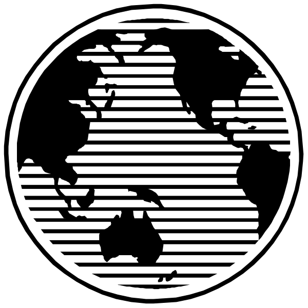 The black and white logo features a globe with lines of latitude and longitude at its center, surrounded by an outer circle that contains two concentric rings; one ring has stripes resembling barbed wire while the other is solid.