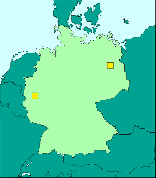 The map shows a stylized representation of Europe with Germany highlighted as green areas on top left corner next to France which is colored in yellow.