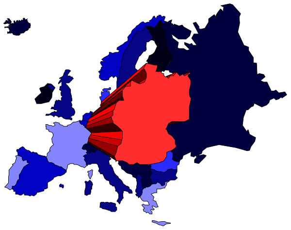 The map shows Europe with a red arrow pointing to Russia from Poland; it is overlaid on top of another image that appears to be an abstract representation in shades of blue and purple.