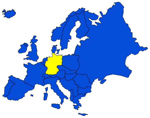 The map shows Europe with a focus on France highlighted by yellow coloring; it is overlaid onto an electronic device display screen that reads "Europe" in white text at top left corner of image.