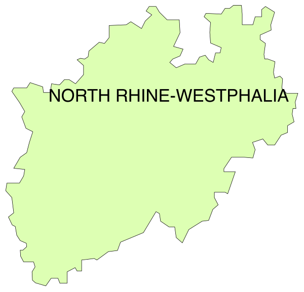 The map shows a region labeled "North Rhine–Westphalia" with an area highlighted by green coloring in what appears to be Germany.