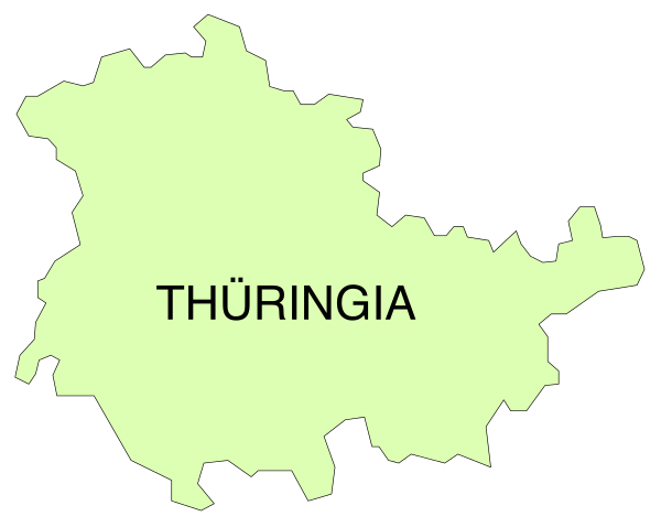 The image shows a stylized map of Thuringia with its capital city Erfurt labeled as "Thüringen" in German text on it.