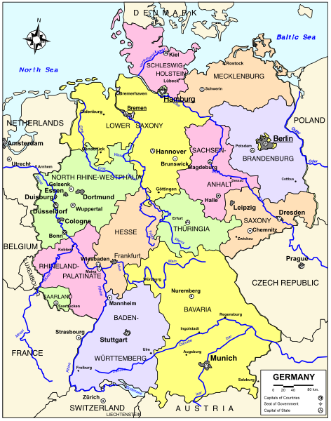 The map shows a stylized representation of Germany with various regions labeled; it is colored to represent different areas within the country.