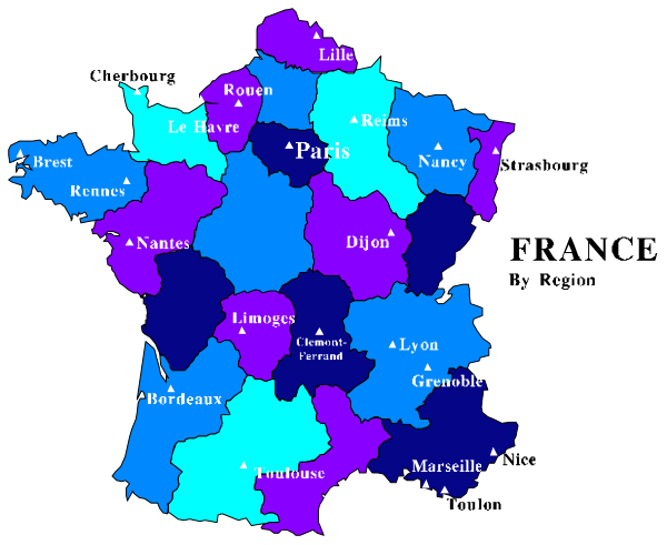 The map shows a stylized representation of France with various regions labeled; it is colored to represent different types of municipalities within each region.