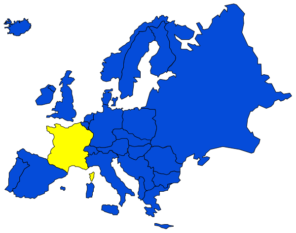 The map shows Europe with a focus on France highlighted by yellow coloring; it is overlaid onto an electronic device display screen showing "0" in white text at bottom right corner of image.
