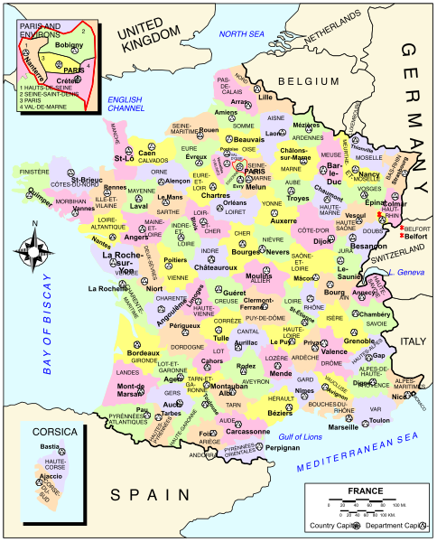 The map shows a region with various cities labeled on it, including "France" at top right corner of Europe.