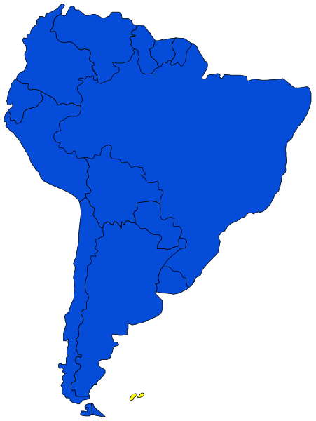 The map shows a stylized representation of South America with Brazil highlighted in blue coloring; it is overlaid on top of another image that appears to be an outline of Africa but without any detail visible within this clip-art format.