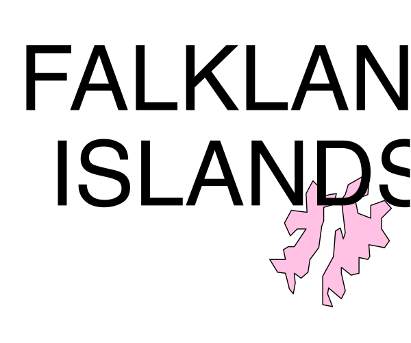 The image shows a logo with text that reads "FALKLAND ISLANDS" at the top of an illustration featuring what appears to be stylized leaves in pink on either side below the name, and there is also some sort of graphic or emblem between them resembling a shield.