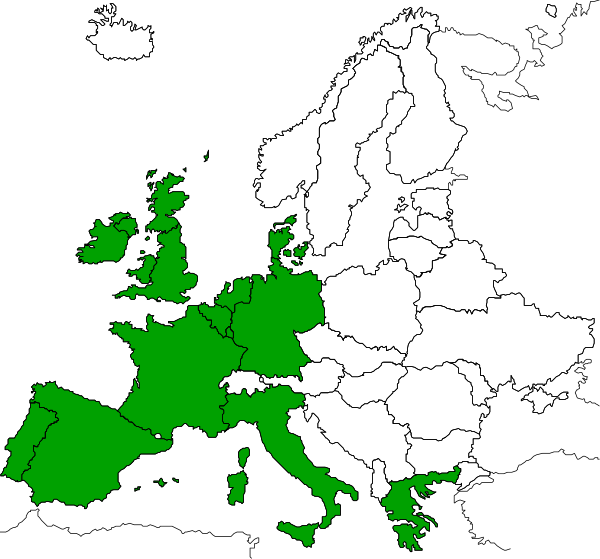 The map shows Europe with countries highlighted; it's a political map indicating European Union membership status by coloring different regions of each country in green for EU members (such as France) versus non-EU member states like Russia and Ukraine, which appear white on this particular image.