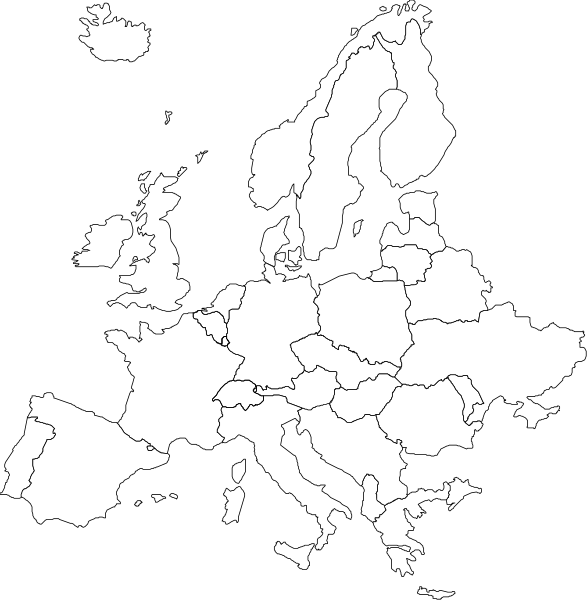 The image shows two maps of Europe side by side: a political map on top with country borders labeled "EUROPE" in white text against black background; below it is another map showing countries' internal regions, also marked as EUROPA but without labels for specific nations or cities.