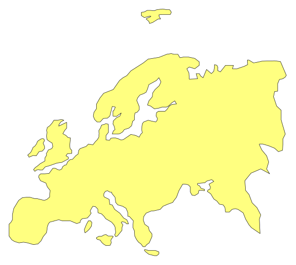 The map shows Europe with a yellow color highlighting certain countries like France, Germany, Italy, Spain, Poland, Romania, Russia, Ukraine, Belarus, Lithuana, Latvia, Estonia, and parts of other European nations in white against a gray background.