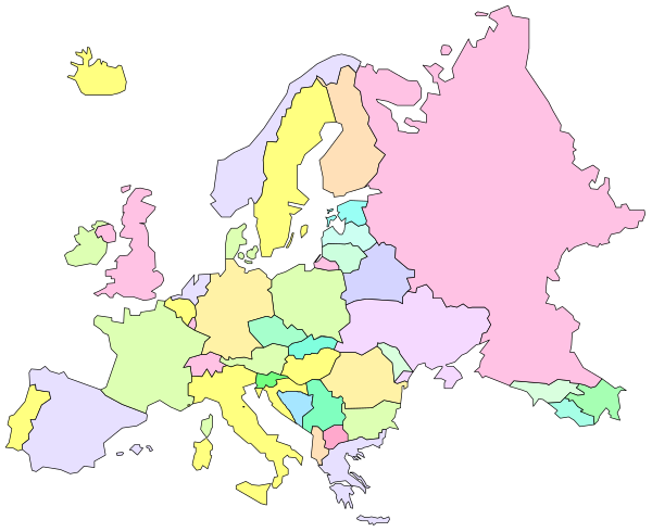 The map shows Europe with countries colored differently to represent different regions of a country's political party distribution; it is stylized as clip-art without any specific details about objects, people, animals, actions, and setting within each region.