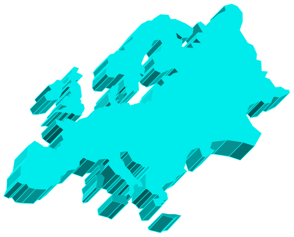 The image shows a stylized map of Europe with various countries highlighted by different shades of blue on a black background.