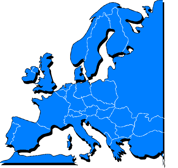 The image shows a map of Europe with countries highlighted in blue against their respective borders on a black background; it is overlaid by two smaller images: one showing an outline of France's coastline to its north, and another depicting what appears to be a train route through the country.