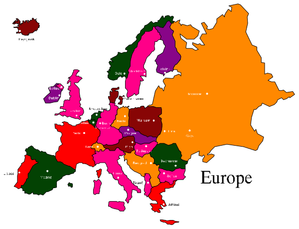 The map shows Europe with various countries highlighted by different colored markers; it is a simple representation of European geography without any additional context provided in this image.