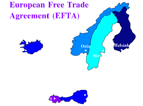 The image shows a map with various countries labeled on it under an overlay text that reads "EUROPE FREE TRADE AGREEMENT EFTA."
