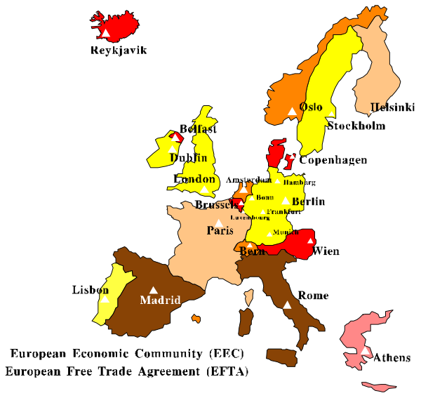 The map shows Europe with country names highlighted by color codes indicating different levels of economic integration within a larger organization such as EUROPA UNION.