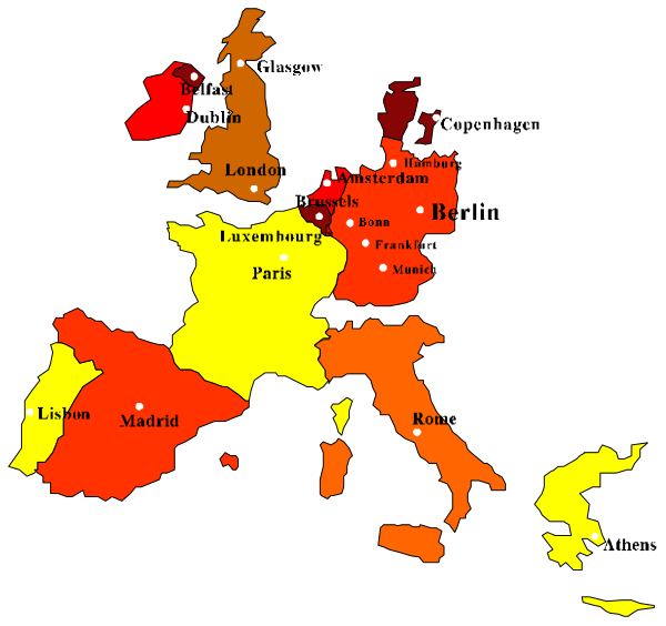The map shows Europe with various countries highlighted by different colored regions; it appears to be a political or geographical map rather than an artistic one.