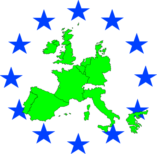 The image shows a stylized map of Europe with stars around it on a black background.