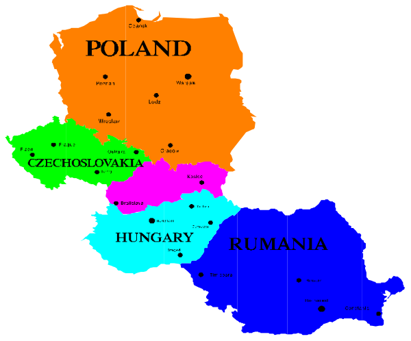 The map shows a stylized representation of Europe with country names labeled on it; Poland is highlighted as well as regions within Germany such as Bavaria (Bayern), Hesse (Hessen) in blue, and others like Brandenburg, Mecklenburg-Vorpommern, Saxony (Sachsen), Thuringia (Thüringen), Hamburg.