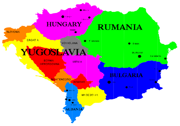 The map shows a stylized representation of Europe with country names written on it; each region is colored differently to represent different countries such as Hungary, Romania, Bulgaria, Yugoslavia (Serbia), and others.