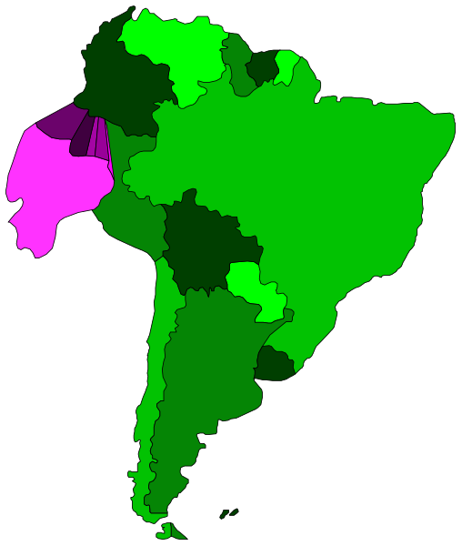 The map shows a colorful representation of South America with various countries highlighted by different shades; it is overlaid on top of another image that appears to be an unrelated photograph in grayscale, possibly depicting some sort of patterned fabric or material due to the repetitive design.