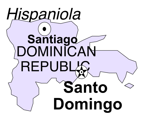 The map shows a region labeled "Hispanoiola" with parts of it highlighted as Spanish Dominican Republic (República Domínica) within an area called Santiago de Santo Domingo.