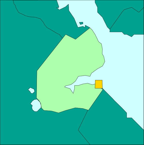 The map shows a stylized representation of an area with geographical features such as land masses, water bodies like lakes or oceans, roads connecting different areas, and possibly some buildings indicating human settlements within this region.