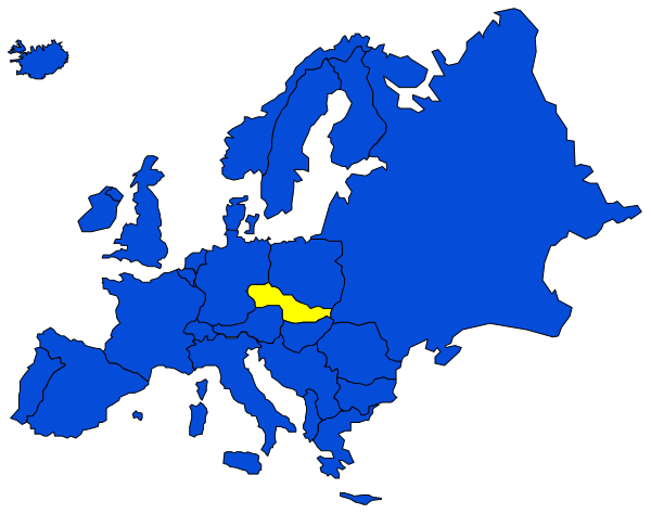 The map shows Europe with a focus on Germany highlighted by an orange dot; it is overlaid onto a black background in portrait orientation.