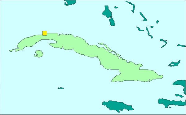 The map shows a portion of South America with Cuba highlighted at its center, surrounded by water bodies including parts of Florida to the northwest and Central American countries like Panama on one side and Colombia on another.