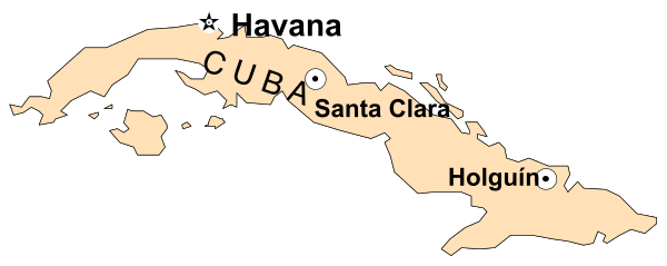 The map shows a location with labels for Havana Cuba, Santa Clara Cuba, Holguin Cuba, and Haiti in English text on top of it.