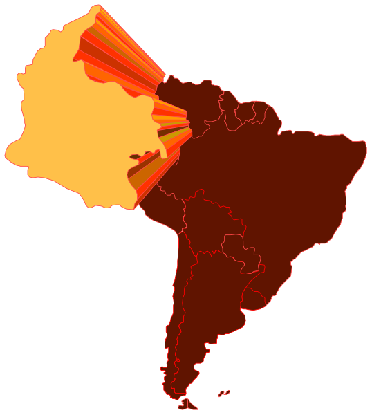 The map shows South America with a focus on Brazil highlighted by an orange glow emanating from it; there is also red shading over parts of Argentina and Uruguay.