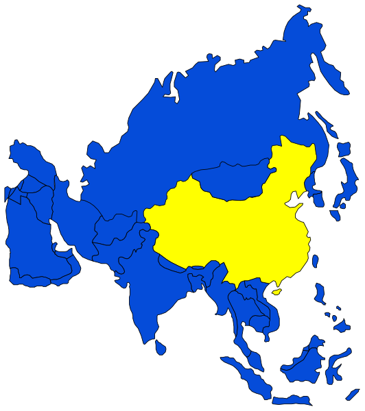 The map shows a stylized representation of Russia with its neighboring countries highlighted; it is colored blue for most areas except two regions which stand out in yellow: one labeled "Yellow" on what appears to be an island, and another region that could represent China or Mongolia due to the shape.