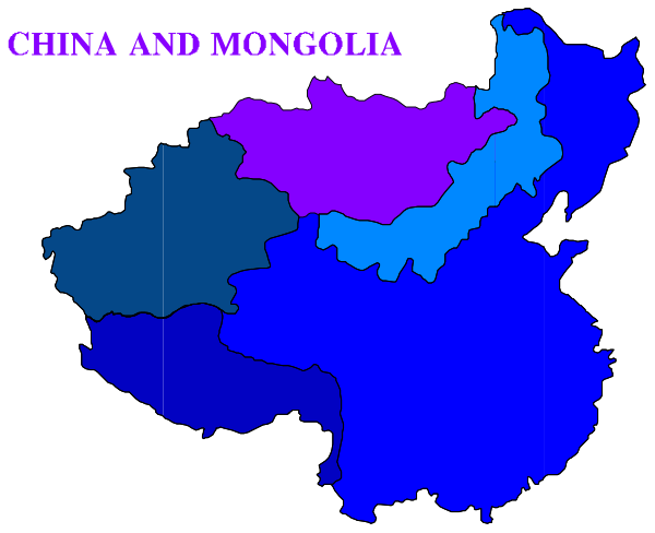 The map shows China on top with Mongolia below it; both countries have a purple color code for their regions while Russia is in blue to its east.